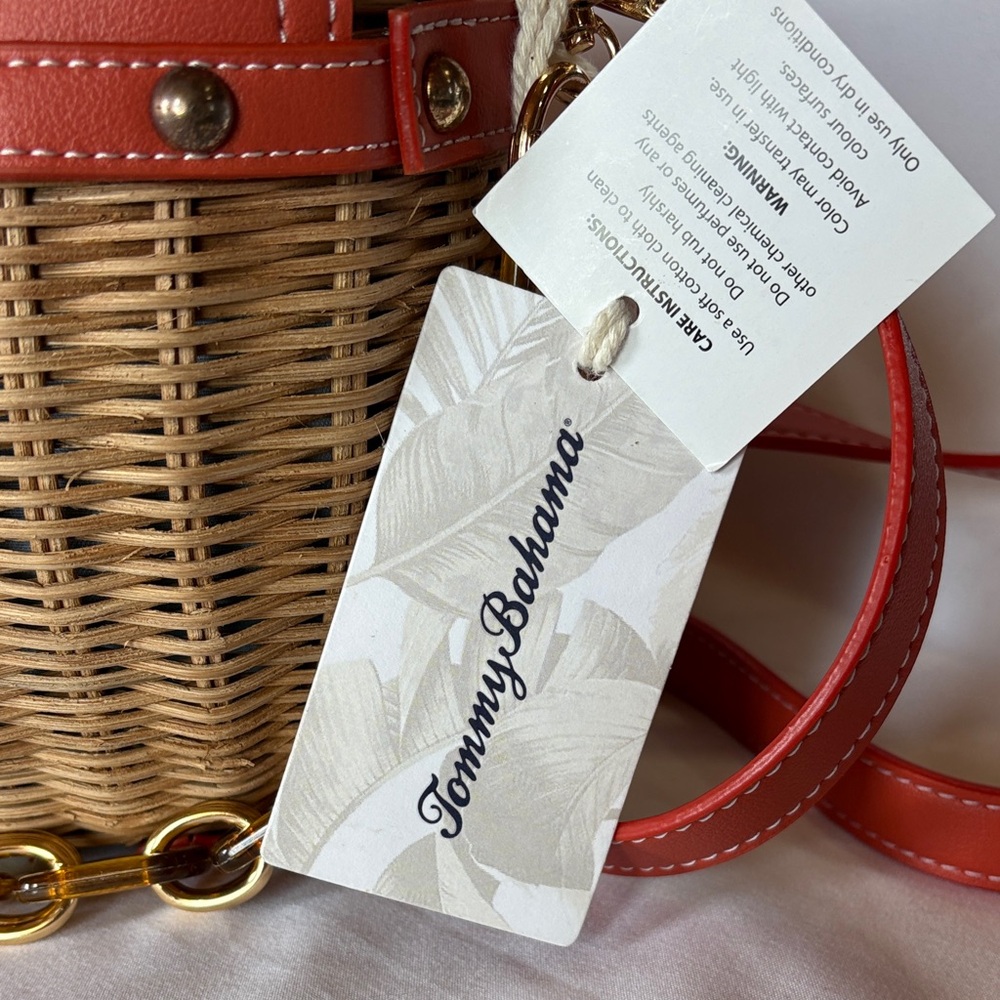 Tommy Bahama Coral-Orange Leather Trim Woven Crossbody - Picture 2 of 5